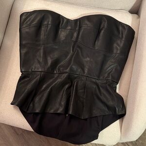 BCBG Black Leather Strapless Peplum Corset Top “Noemi”